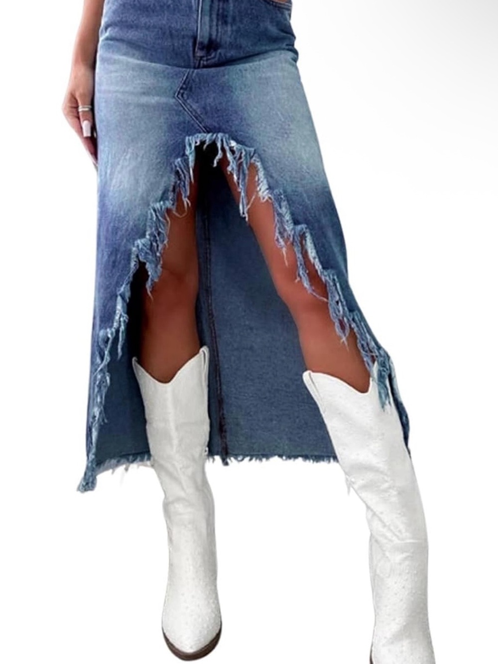 Amazon Distressed Blue Denim Maxi Skirt with Front Slit medium or xsmall ava